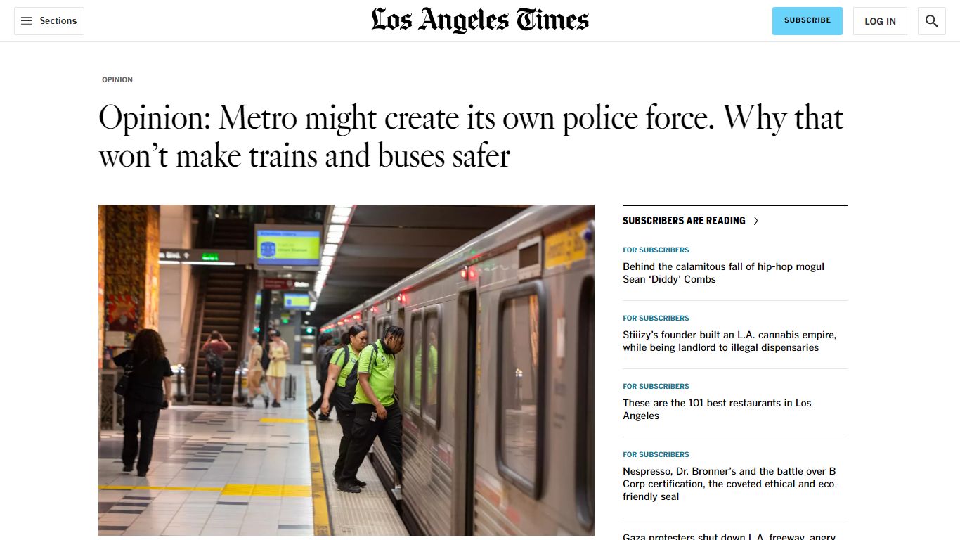 Opinion: L.A. Metro creating a police force won't achieve public safety ...